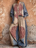 Women's Vintage Placement-print Cotton-linen Set: Long-sleeve Stand-collar Loose Casual Top & High-waisted Wide-leg Pants