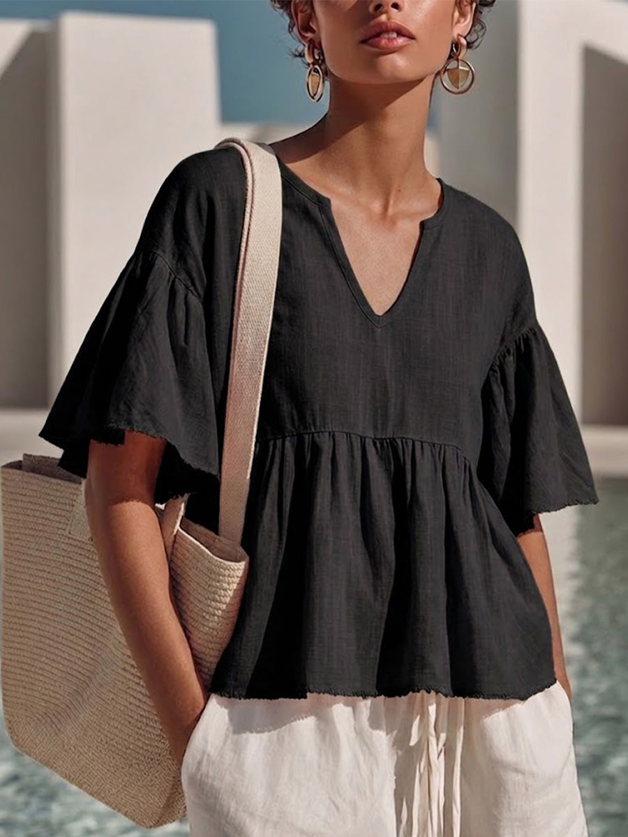 Relaxed-fit V-neck Cotton-linen Top With Ruffled Elbow-length Sleeves