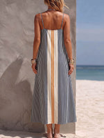 Women's Striped Print V-neck Sleeveless Casual Loose Cotton-linen Camisole Dress