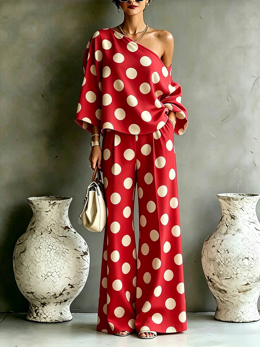 Women's Polka-dot Print Set: Long-sleeve Loose-fit One-shoulder Casual Top & High-waisted Wide-leg Pants