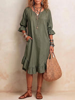 Women's Solid Color V-Neck 3/4 Sleeve Casual Loose Cotton-Linen Dress
