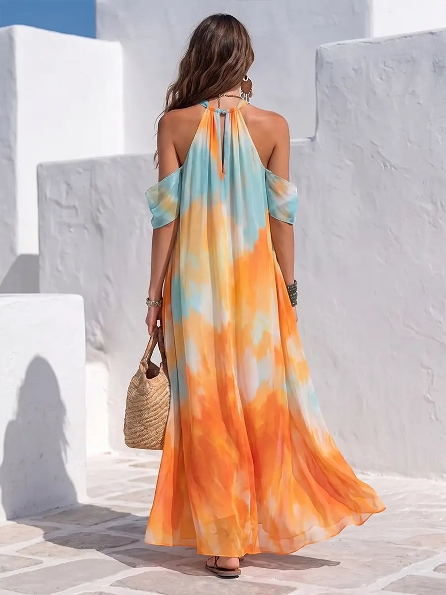 Vibrant Watercolor Halter Chiffon Maxi Dress