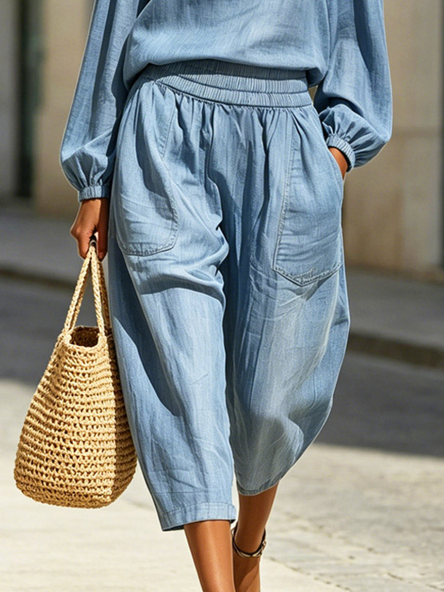 Women's Off-the-shoulder Art Comfortable Casual Top And Pants Denim Two-piece Set
