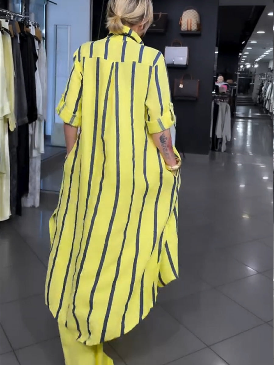 Two-piece Set Featuring A Loose, Casual Striped Long Shirt (linen-cotton Blend) And Solid-colored Trousers.