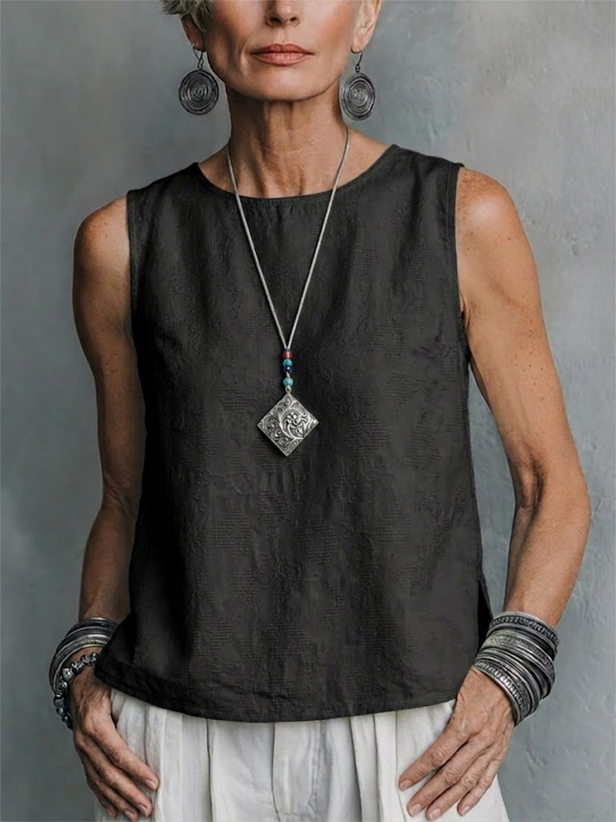 Cotton And Linen Jacquard Sleeveless Loose Slimming Artistic Casual Vest Pure Cotton Top