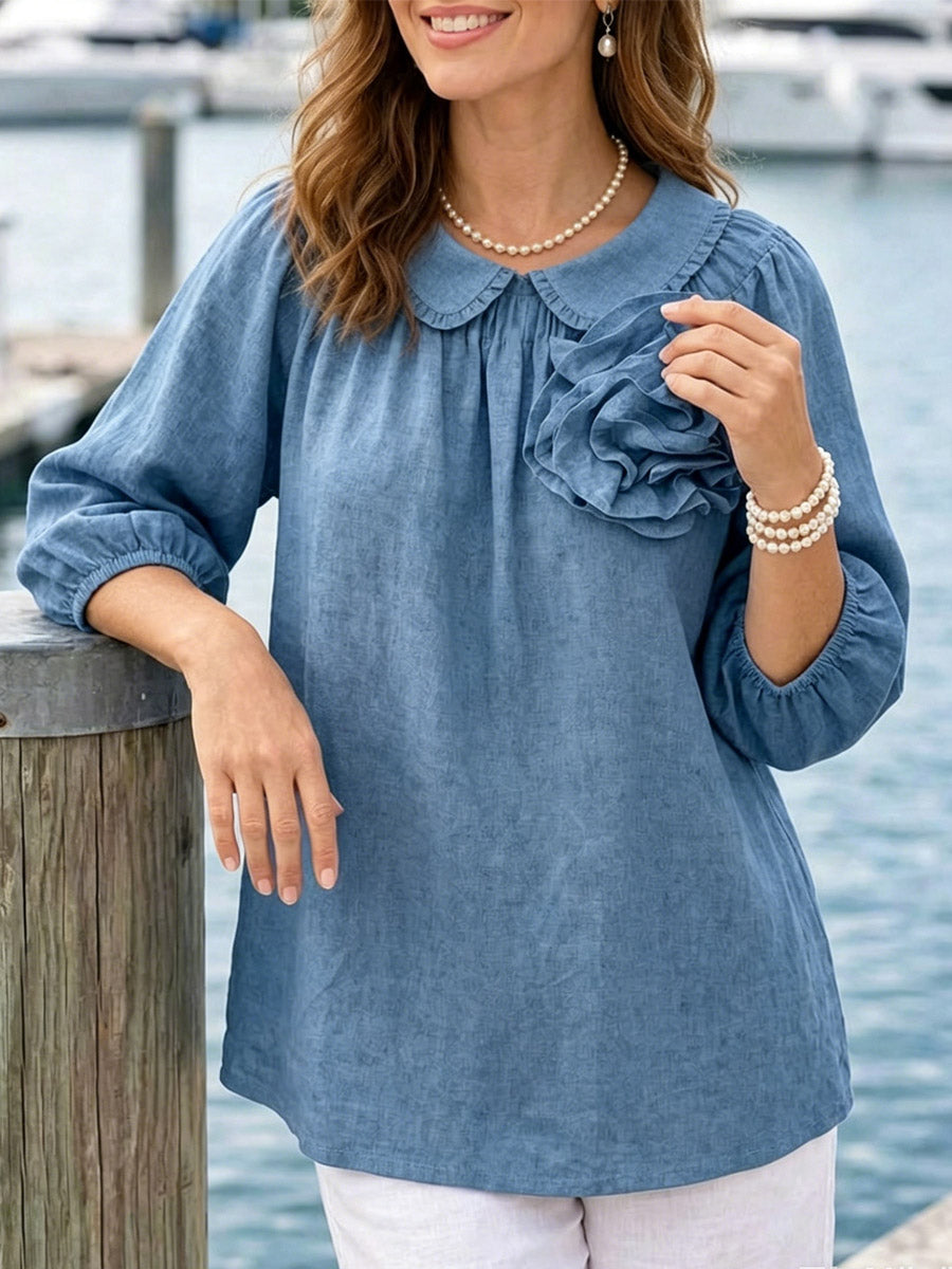 Women's Casual Flower Stylish Peter Pan Collar Art 3/4 Sleeve Cotton Linen Shirt