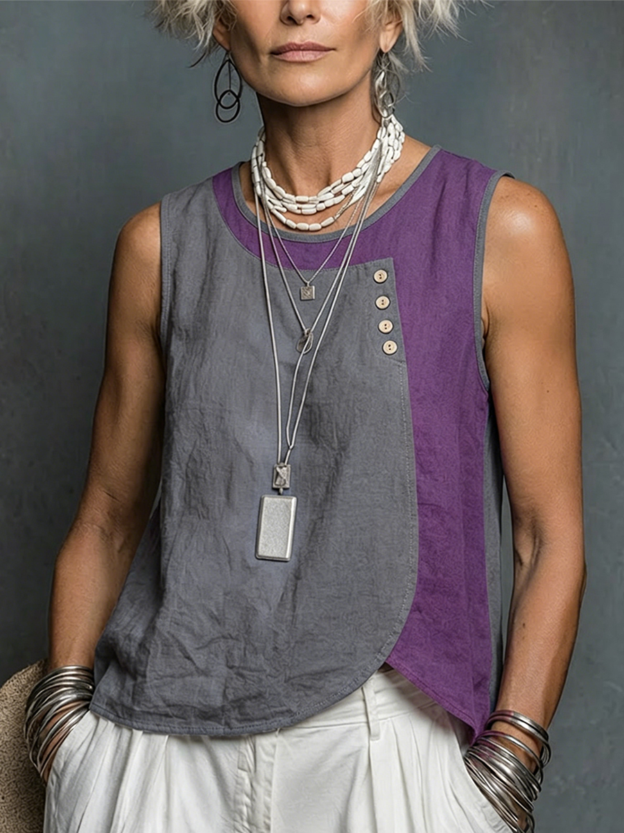 Color-block Cotton-linen Tank Top With A Round Neck, Sleeveless Design, And Asymmetrical Curved Hem