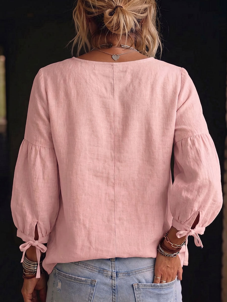 Women's Solid Color Crew Neck Long-sleeve Loose-fit Cotton-linen Casual Top