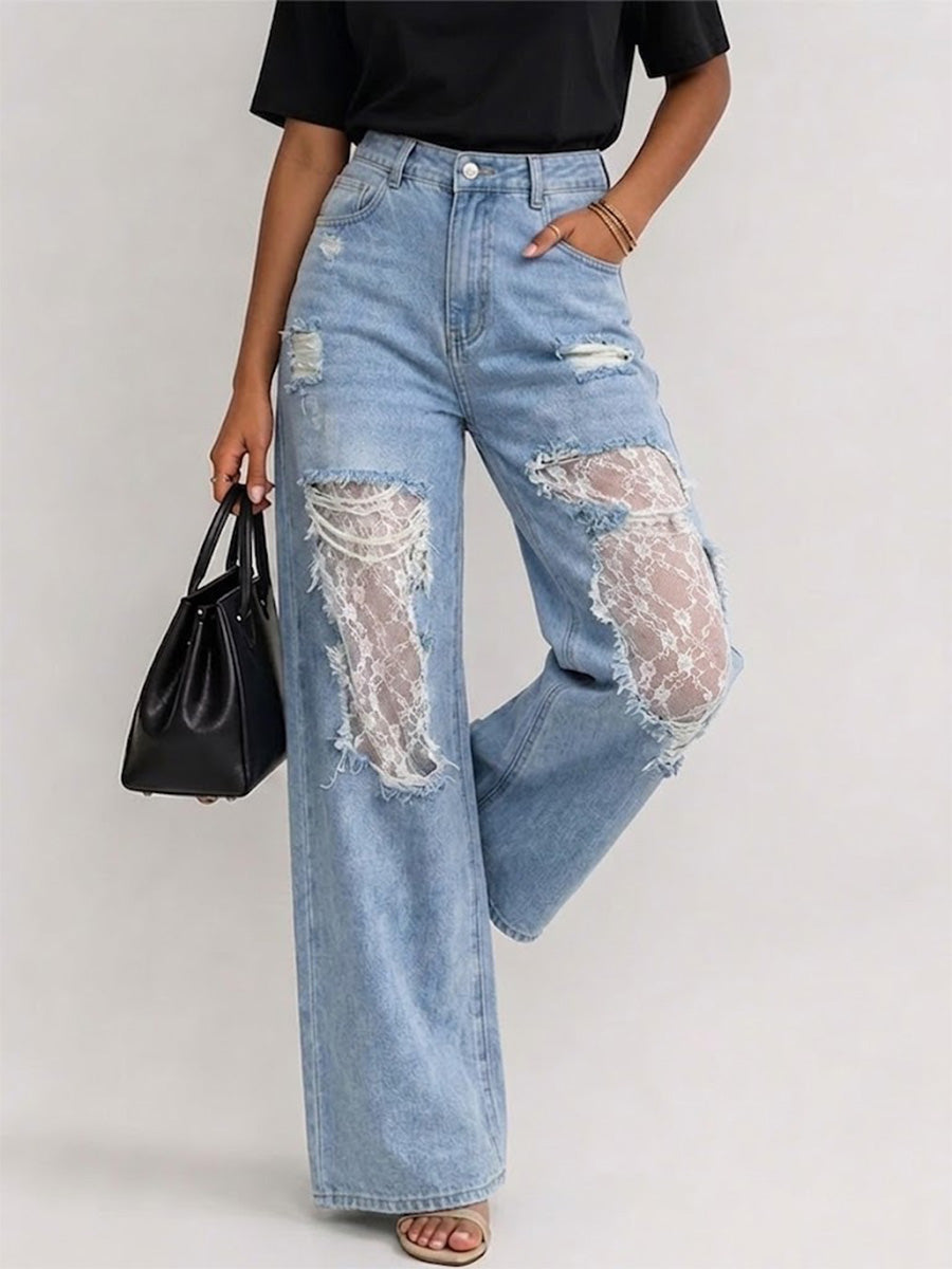 Light Blue Washed High Waist Ripped Frayed Lace Patch Wide Leg Denim Pants