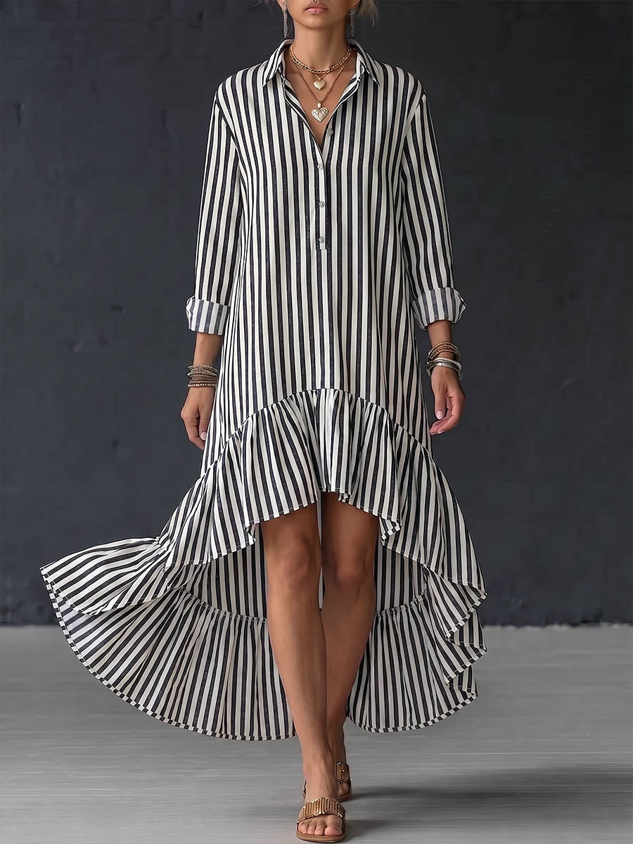 Women's Striped Print Cotton-linen Casual Loose Dress With Collar And Long Sleeves