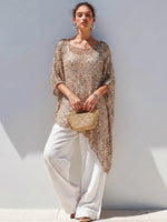 Shimmering Sequin Knit Tunic – Asymmetrical Draped Poncho Top