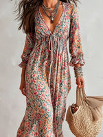 Women's Retro Floral Art Print Casual Long Sleeve Maxi Dress