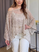 Women's Off-shoulder Irregular Hem Sequined Mesh Party Top