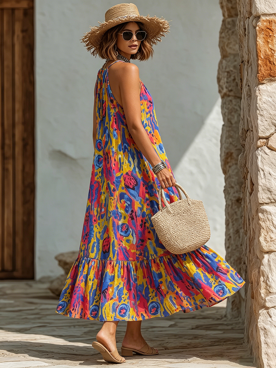 Abstract Watercolor Print Halter Dress
