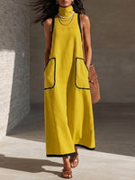 Casual Sleeveless Linen-blend Dress With Contrast Trim