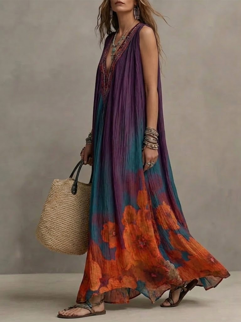 Bohemian Floral Print Sleeveless Linen And Cotton Maxi Dress