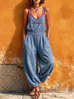 Women's Solid Color V-neck Sleeveless Casual Loose Wide-leg Jumpsuit