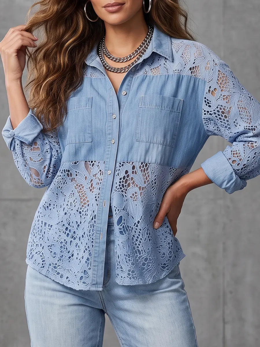 Romantic Lace-Spliced Chambray Denim Blouse