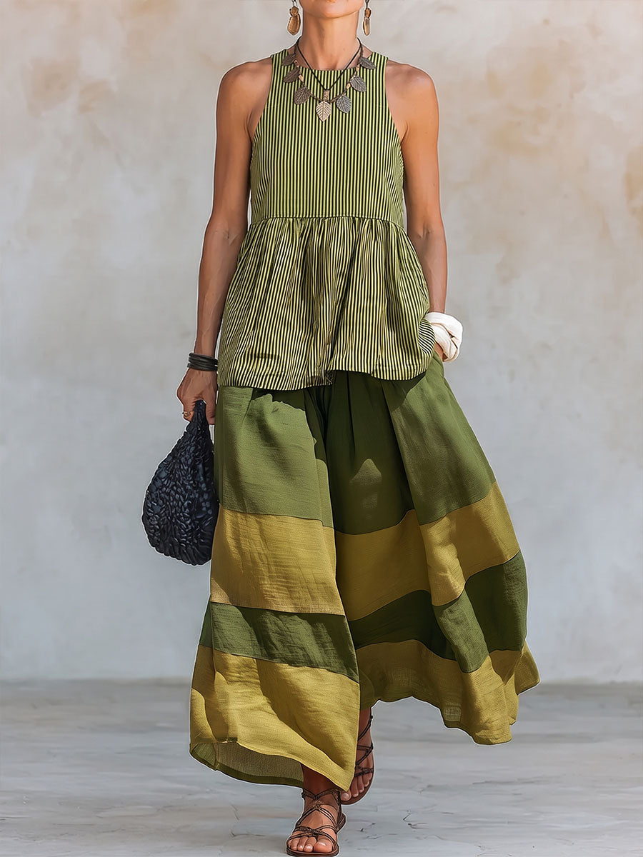 Women's Striped Print Cotton-linen Set: Sleeveless Round-neck Loose-fit Top & High-waisted Wide-leg Pants