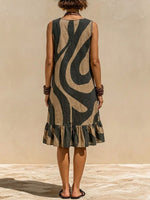 Loose Sleeveless V-neck Dress With Abstract Wave Print And Lettuce-edge Trim