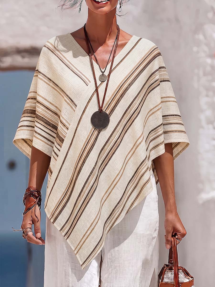 Women's Striped Print V-neck 3/4 Sleeve Casual Loose Cotton-linen Top