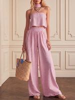 Effortless Striped Crop Top & Wide-leg Trouser Set（includes Neck Gaiter）