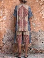 Women's Vintage Placement-print Cotton-linen Set: Short-sleeve Stand-collar Loose Casual Top & High-waisted Wide-leg Shorts