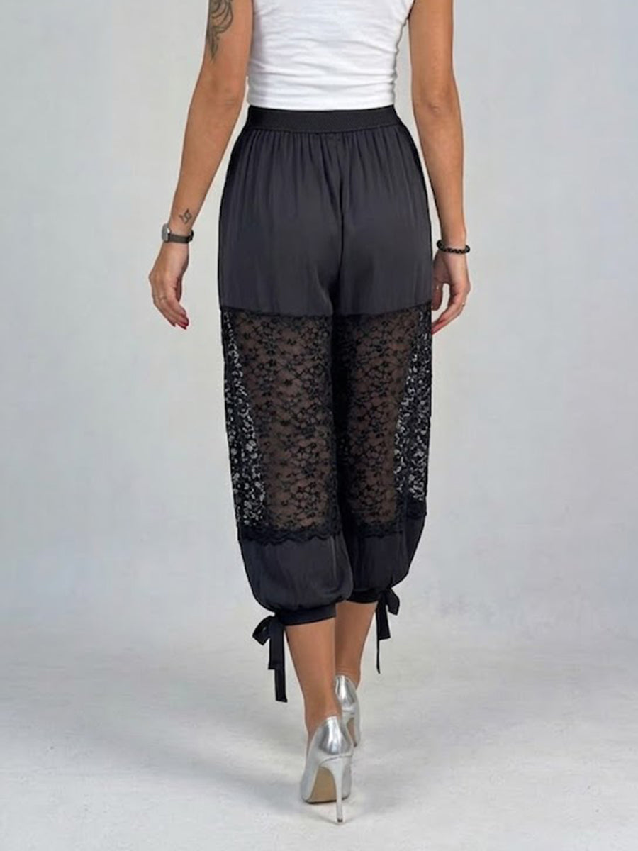 Lightweight Satin Cropped Harem Pants With Star-patterned Lace Inserts