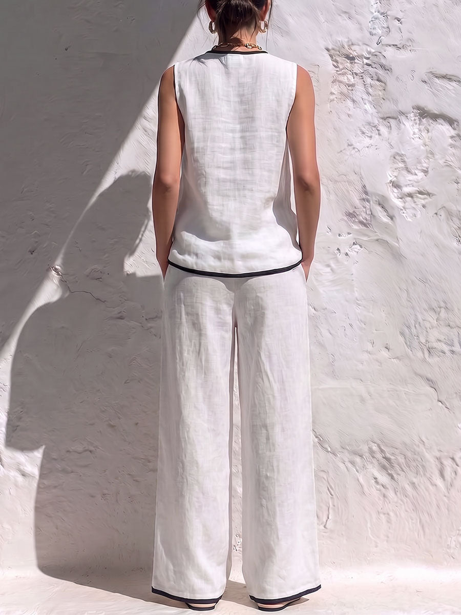 Women's Solid Color V-Neck Sleeveless Casual Loose Cotton-Linen Top and High-Waisted Wide-Leg Pants Set