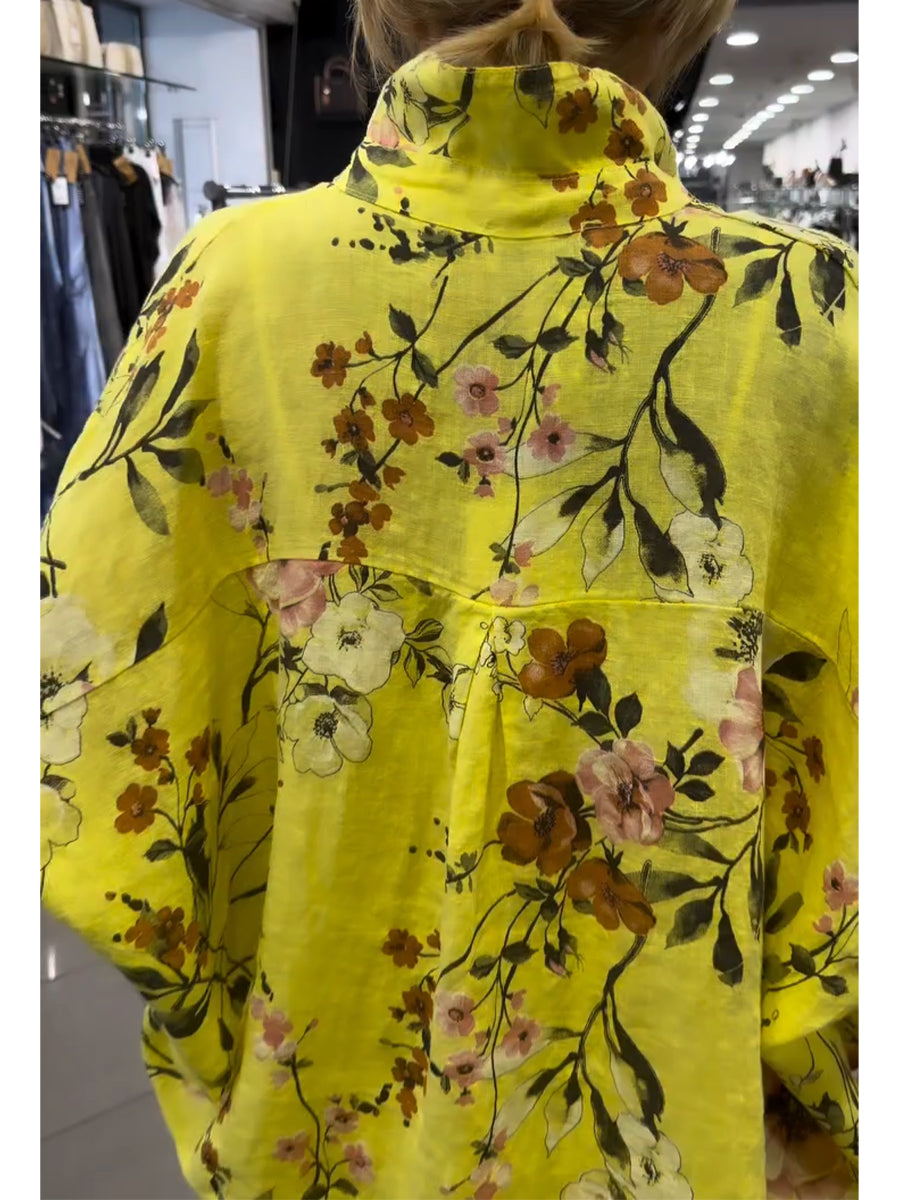 Two-piece Set Featuring A Loose, Casual Floral-print Linen-cotton Shirt And Solid-colored Trousers.