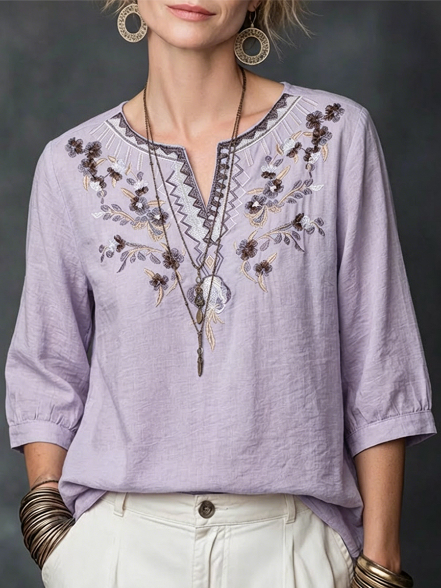 Flower Embroidery V-neck Seven Fold Pleated Sleeve Cotton Linen Blend Top