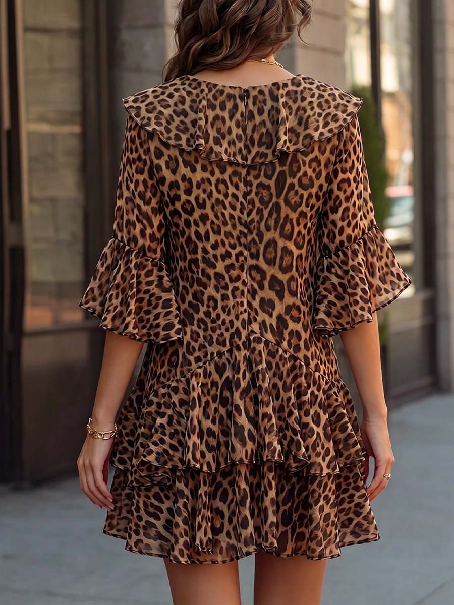 Women's Leopard Print Ruffled V-neck 3/4 Sleeve Casual Loose Chiffon Dress
