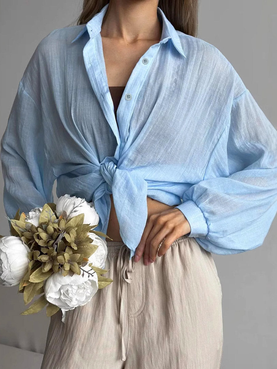 Women's Casual Stylish Knot Loose Sheer Lapel Long Sleeve Shirt