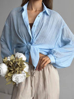 Women's Casual Stylish Knot Loose Sheer Lapel Long Sleeve Shirt