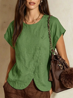 Cotton-linen Top Featuring A Round Neck, Diagonal Button Closure, Overlapping Asymmetrical Hem, And Cap Sleeves