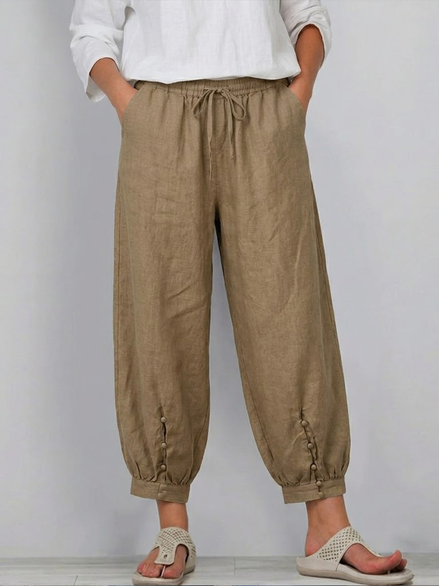 Casual Linen-cotton Cropped Trousers With An Elastic Waist