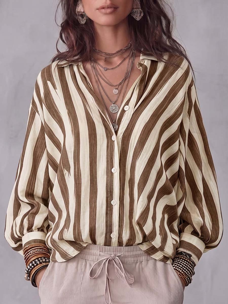Women's Striped Print Long-Sleeve Cotton-Linen Shirt with Collar – Loose Casual Fit