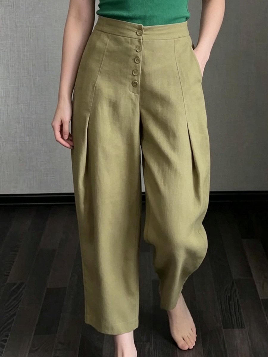 Minimalist Elegant Pleated Cotton-linen Cropped Trousers