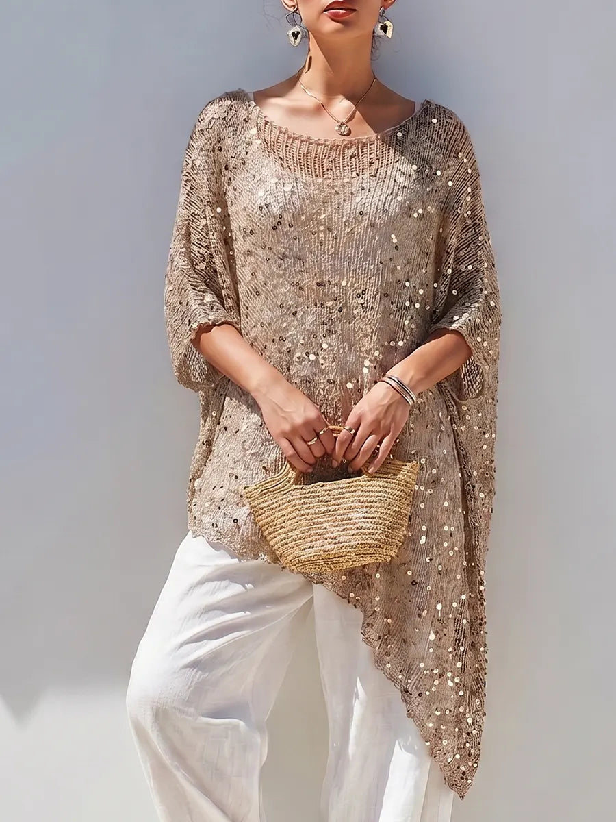 Shimmering Sequin Knit Tunic – Asymmetrical Draped Poncho Top