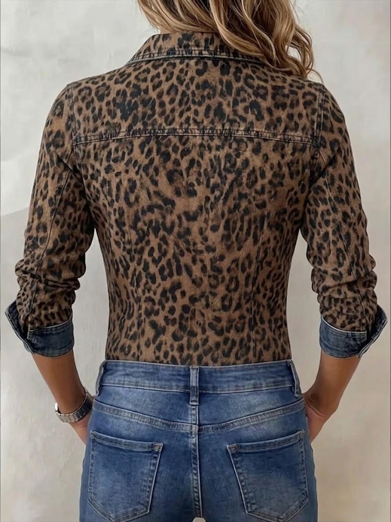 Stylish Casual Denim Zip-up Shirt With Leopard Print Panels