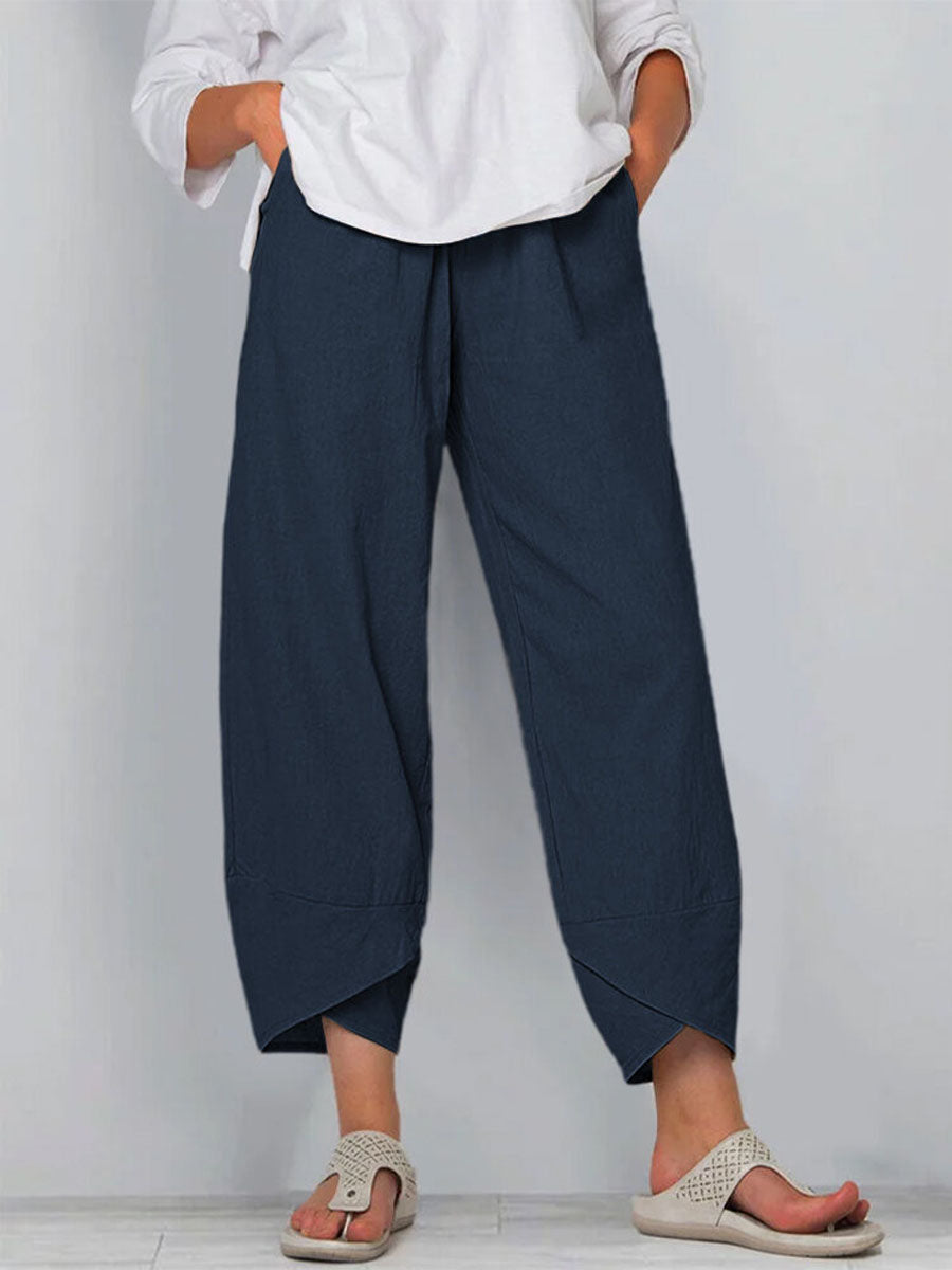 Women's Solid Color Stylish Loose-fit Casual Cropped Cotton And Linen Pants