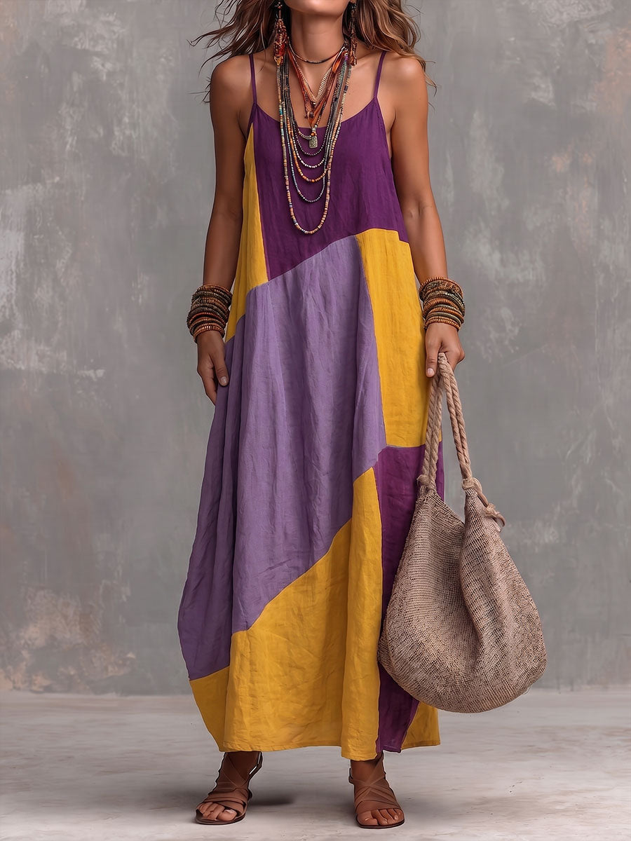 Women's Geometric Print Sleeveless Cotton-linen Casual Loose-fit Round-neck Cami Dress