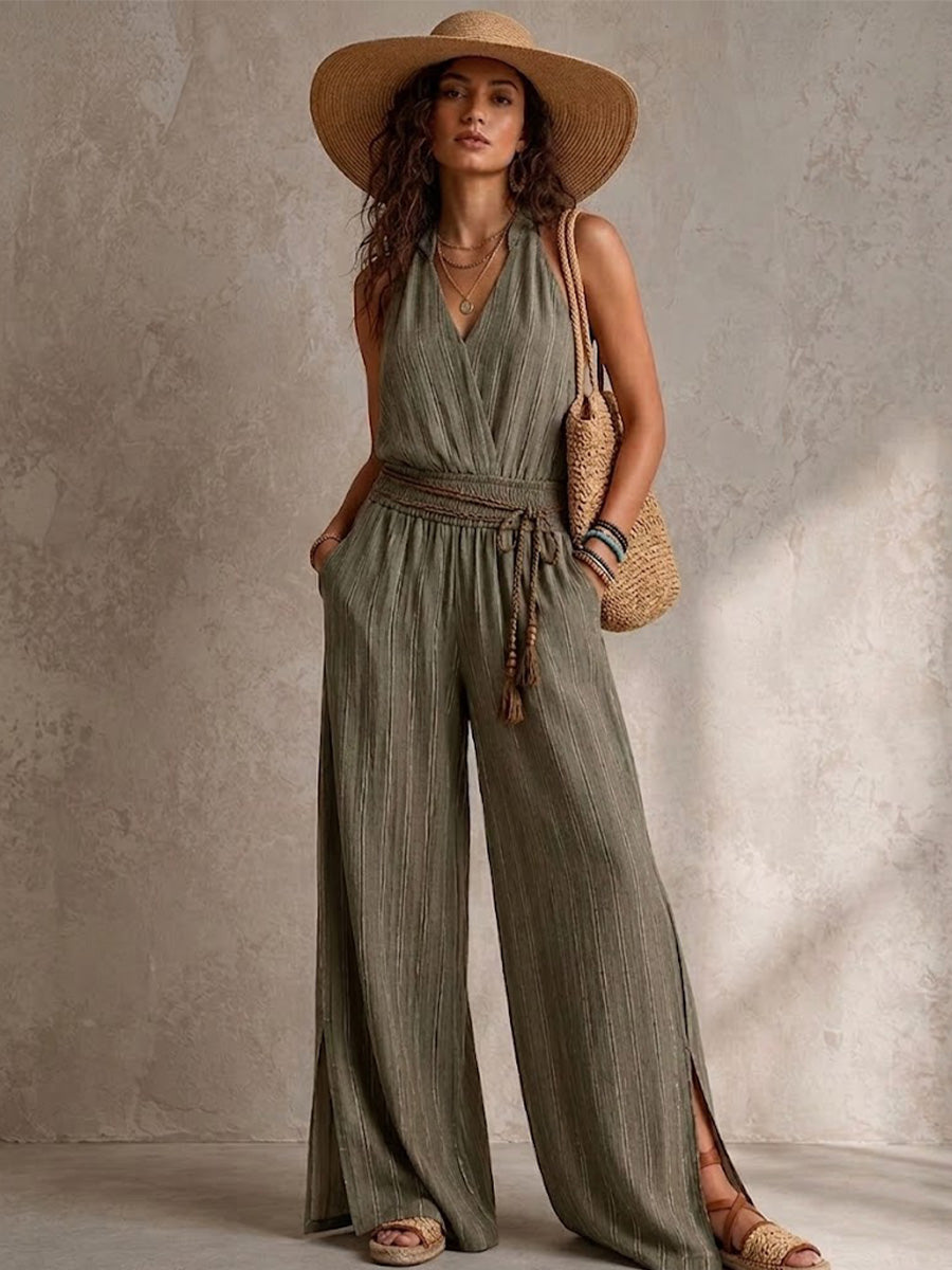 Vertical-striped Cotton Wide-leg Jumpsuit Featuring A Halter Neck, Deep V-neck, Drawstring Elastic Waist, And Side Slits