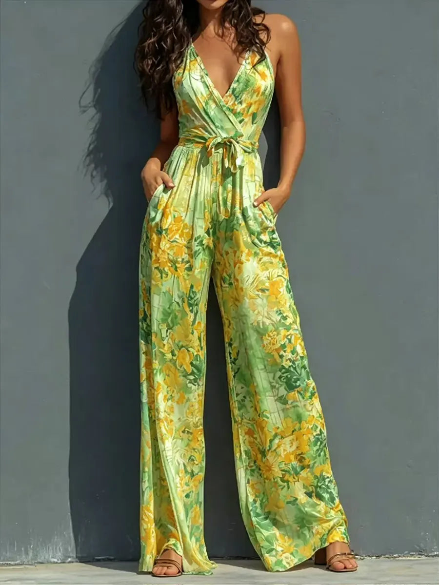 Tropical Floral V-Neck Wide-Leg Jumpsuit
