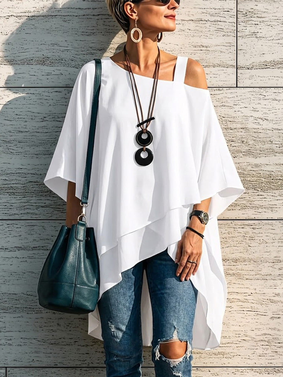 Asymmetrical Off-shoulder Top With A Single Spaghetti Strap, Irregular Hem, And Loose Fit