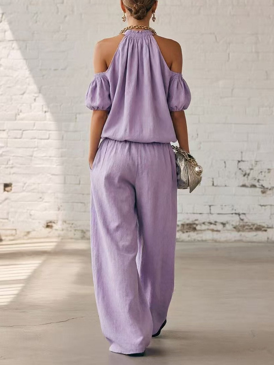 Women's Off-shoulder Halter Art Comfortable Casual Top And High-waisted Wide-leg Pants Cotton Linen Two-piece Set