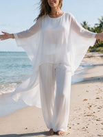 Womens Sheer Batwing Flowy Top & Wide Leg Pants Cotton Linen Two Piece Set