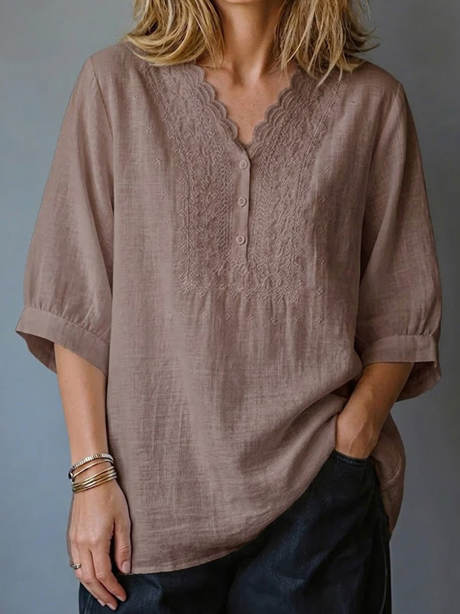 Wave Lace Embroidered V-neck Seven Quarter Bubble Sleeve Cotton And Linen Top
