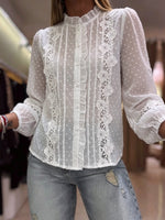 French-style Chic Shirt Featuring A Mix Of Jacquard, Fil Coupé, Polka-dot, And Lace Trim Details.