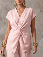 Elegant Pink Twisted-knot Top Cotton-linen Two-piece Set